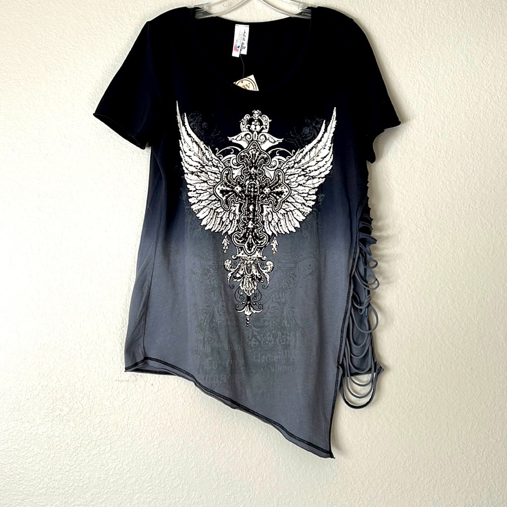 Liberty Wear: Bedazzle Black and White- T- Shirt with side fringe: Large